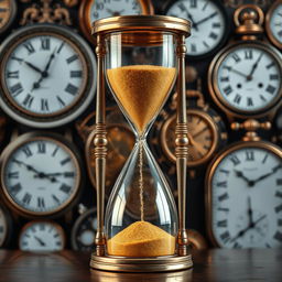 A beautifully crafted hourglass with golden sand slowly trickling down against a background depicting the flow of time