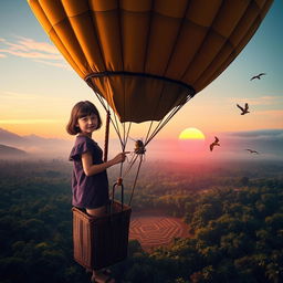 A teenage girl with brown hair, wearing an expression of wonder and determination, stands in the basket of a hot air balloon, floating above the vast Amazon rainforest