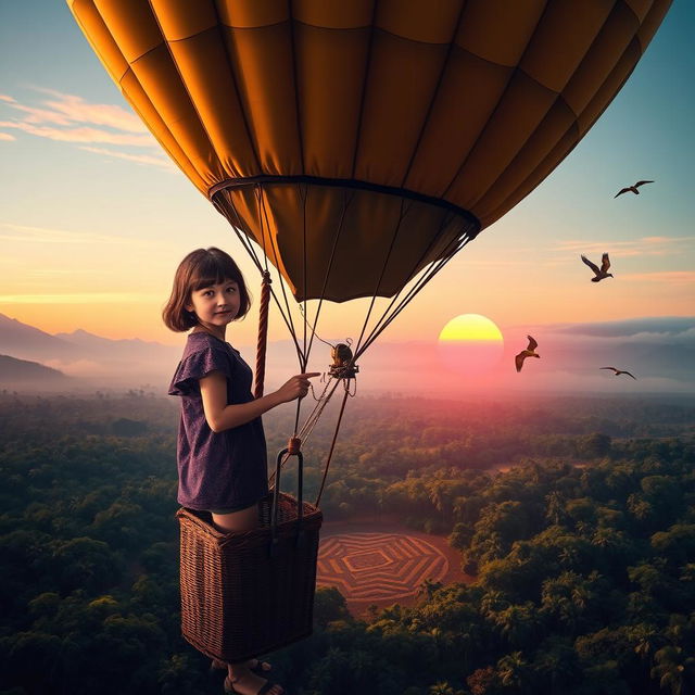 A teenage girl with brown hair, wearing an expression of wonder and determination, stands in the basket of a hot air balloon, floating above the vast Amazon rainforest