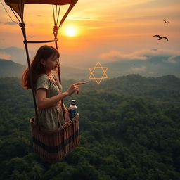 A teenage girl with brown hair, wearing an expression of wonder and determination, stands in the basket of a hot air balloon, floating above the vast Amazon rainforest