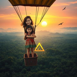 A teenage girl with brown hair, wearing an expression of wonder and determination, stands in the basket of a hot air balloon, floating above the vast Amazon rainforest