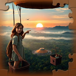 A teenage girl with brown hair, wearing an expression of wonder and determination, stands in the basket of a hot air balloon, floating above the vast Amazon rainforest