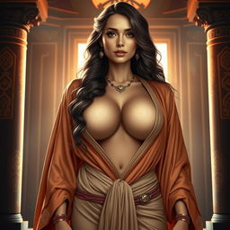 A seductive female priestess with huge breasts, gracefully visible through the revealing design of her elegant robes