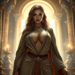 A seductive female priestess with huge breasts, elegantly displayed through the alluring design of her robes that emphasize deep cleavage