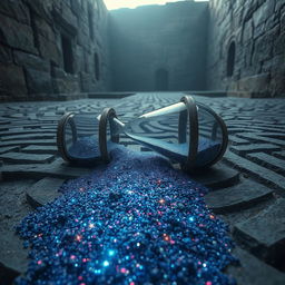 A captivating scene where a broken hourglass lies on its side, spilling a mesmerizing cosmos of stars and galaxies onto the ground