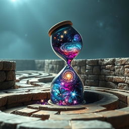 A mesmerizing scene of an hourglass, tipped on its side, spilling an enchanting cosmos filled with swirling galaxies and stars into the winding paths of a labyrinth