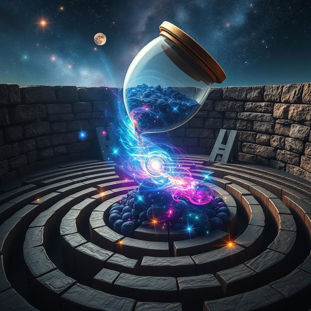 A mesmerizing scene of an hourglass, tipped on its side, spilling an enchanting cosmos filled with swirling galaxies and stars into the winding paths of a labyrinth