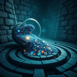 A mesmerizing scene of an hourglass, tipped on its side, spilling an enchanting cosmos filled with swirling galaxies and stars into the winding paths of a labyrinth