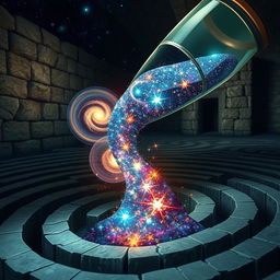 A mesmerizing scene of an hourglass, tipped on its side, spilling an enchanting cosmos filled with swirling galaxies and stars into the winding paths of a labyrinth