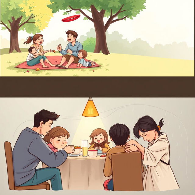 A touching series of family illustrations showcasing both joyous and challenging moments