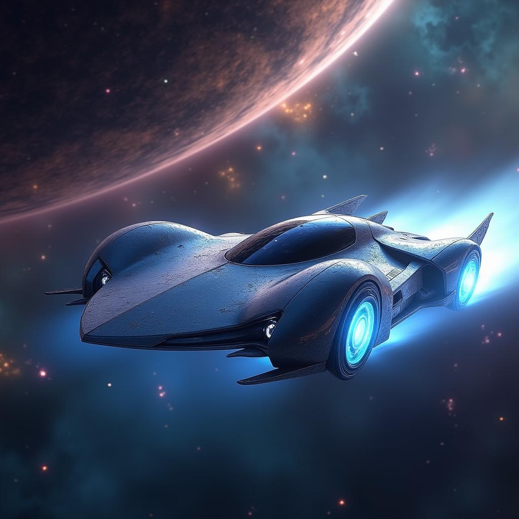 A futuristic flying car soaring through the depths of outer space, its sleek metallic body reflecting the distant glow of stars and galaxies