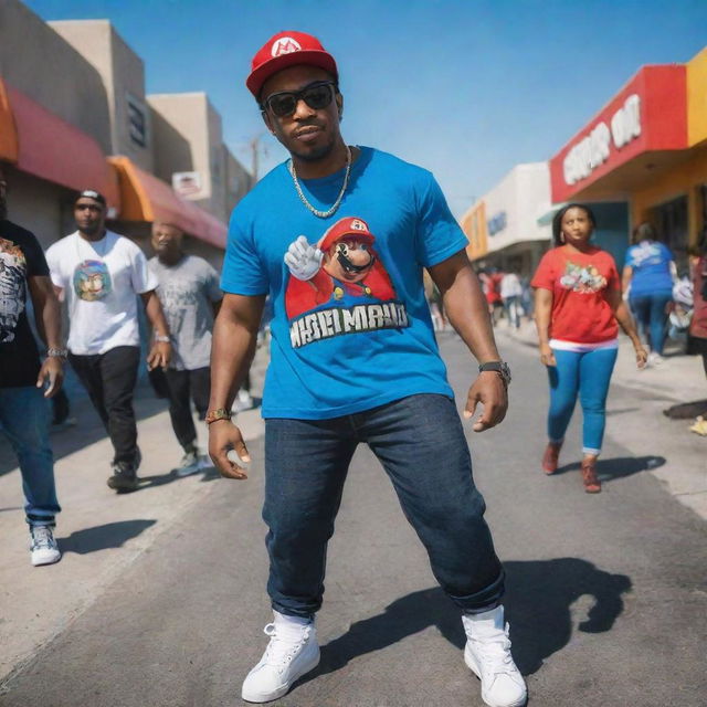 African American version of Super Mario, dressed in urban streetwear, in a vibrant and bustling scene depicting the lively neighborhood of Compton, California.