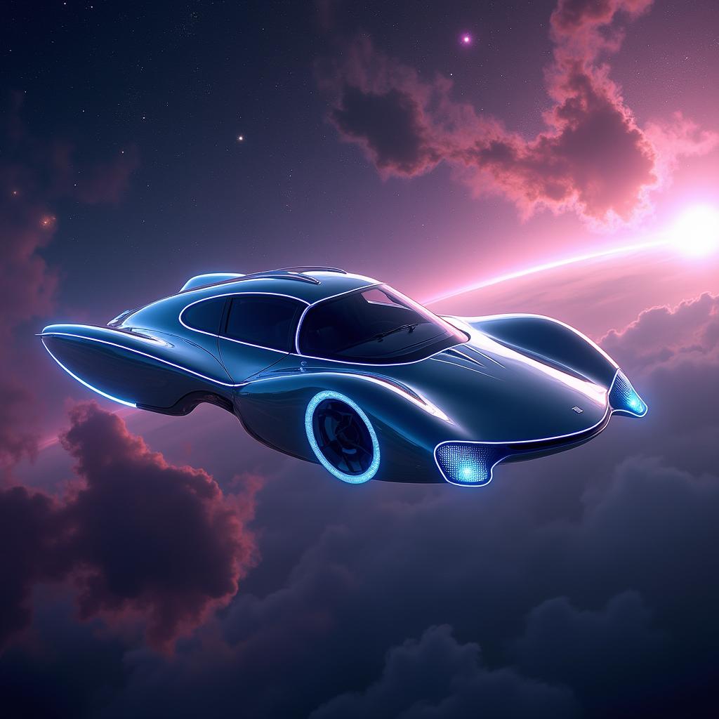 A futuristic flying car soaring through the cosmic landscape of space, with vibrant nebulae and sparkling stars in the background