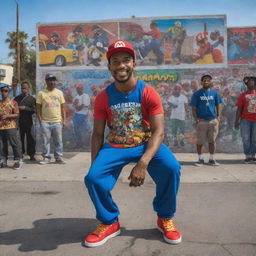 African American version of Super Mario, dressed in urban streetwear, in a vibrant and bustling scene depicting the lively neighborhood of Compton, California.