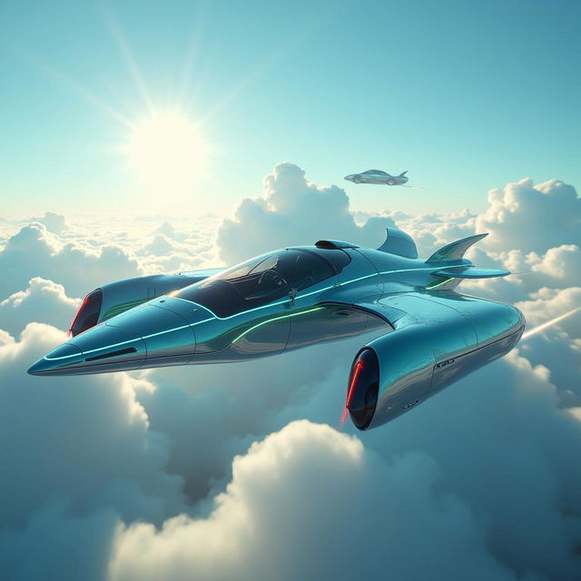 A futuristic flying car soaring through a clear blue sky with another flying car reflection on its windshield