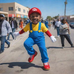 African American version of Super Mario, dressed in urban streetwear, in a vibrant and bustling scene depicting the lively neighborhood of Compton, California.