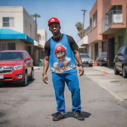 African American version of Super Mario, dressed in urban streetwear, in a vibrant and bustling scene depicting the lively neighborhood of Compton, California.