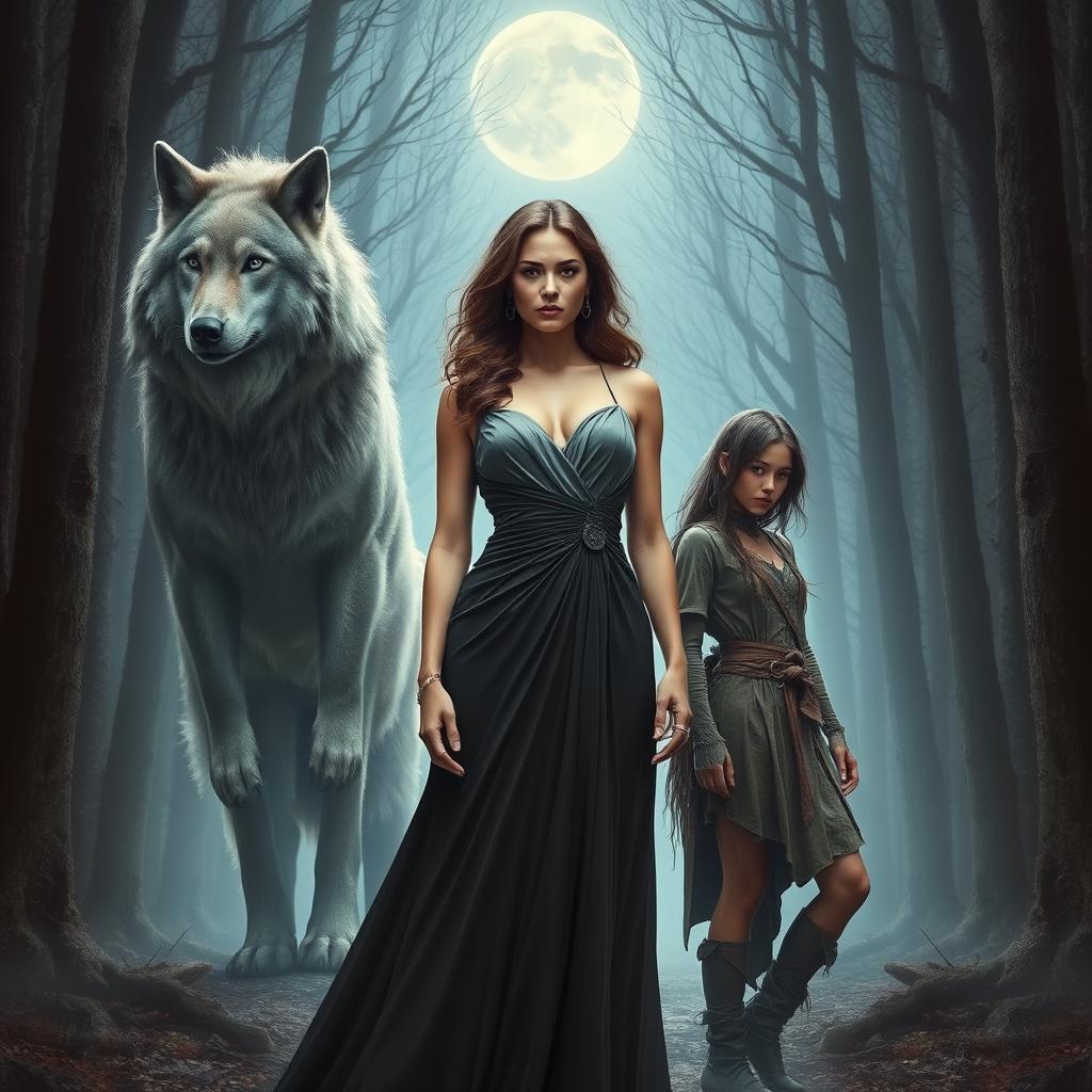 A confident lady standing with poised elegance, exuding an aura of strength and assurance, is flanked by a majestic werewolf on one side, towering with noble presence and sharp features reflecting its majestic nature