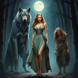 A confident lady standing with poised elegance, exuding an aura of strength and assurance, is flanked by a majestic werewolf on one side, towering with noble presence and sharp features reflecting its majestic nature