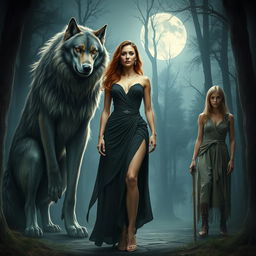 A confident lady standing with poised elegance, exuding an aura of strength and assurance, is flanked by a majestic werewolf on one side, towering with noble presence and sharp features reflecting its majestic nature