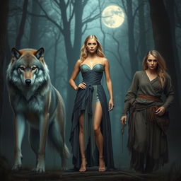 A confident lady standing with poised elegance, exuding an aura of strength and assurance, is flanked by a majestic werewolf on one side, towering with noble presence and sharp features reflecting its majestic nature