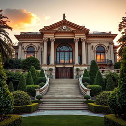 A majestic and opulent giant mansion surrounded by lush, well-manicured gardens