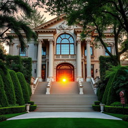 A majestic and opulent giant mansion surrounded by lush, well-manicured gardens