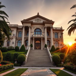 A majestic and opulent giant mansion surrounded by lush, well-manicured gardens