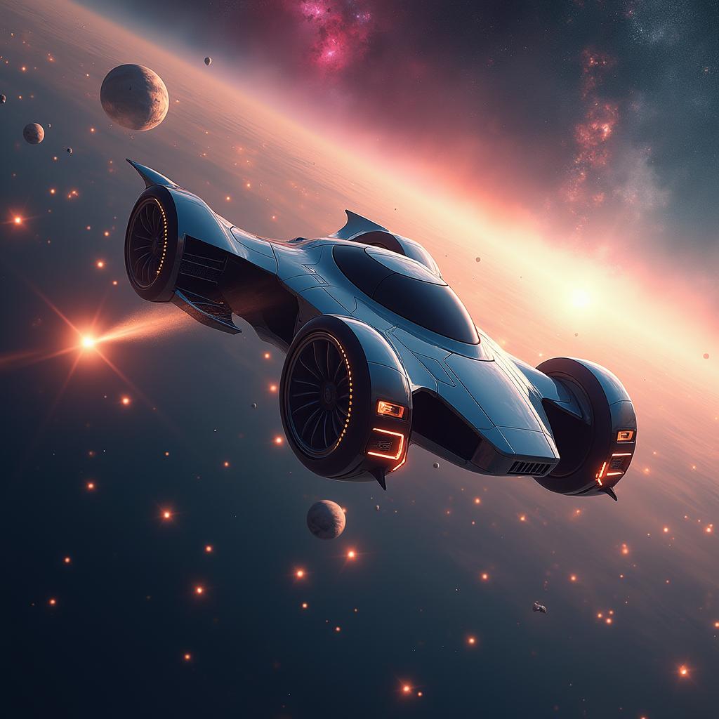 A futuristic flying car gracefully soaring through the vast expanse of space, with the backdrop of a colorful nebula and distant stars