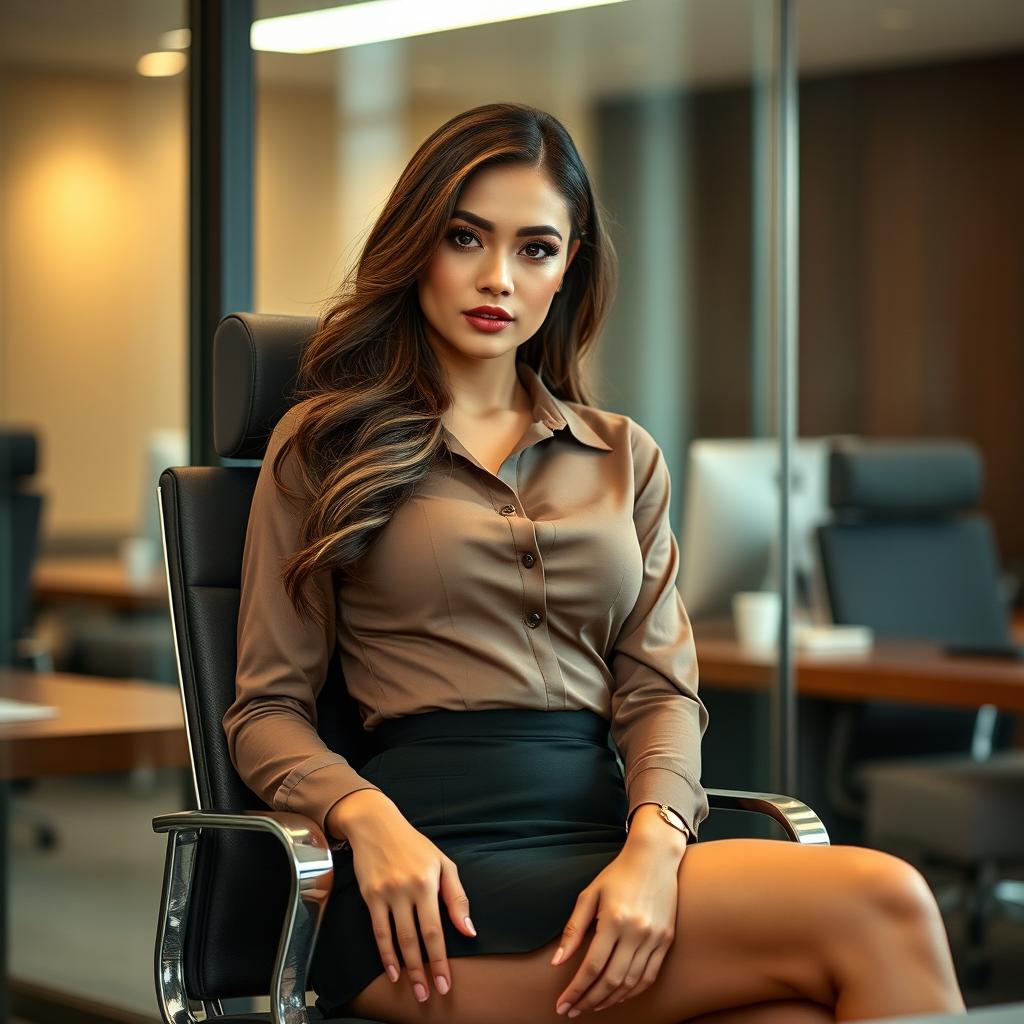 A sexy female secretary, exuding confidence and allure, sitting gracefully in a modern office setting