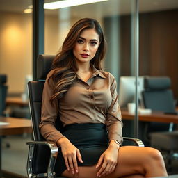 A sexy female secretary, exuding confidence and allure, sitting gracefully in a modern office setting