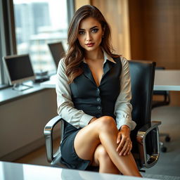 A sexy female secretary, exuding confidence and allure, sitting gracefully in a modern office setting