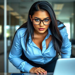 An alluring Brazilian female executive assistant, 18 years old, is seductively posed in a frontview while bending over a desk, showcasing her deep shirt cleavage and accentuating her voluptuous curves