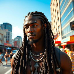 A dark-skinned aasimar male with a dusting of white freckles adorning his cheeks and nose, his long hair styled in intricate braids