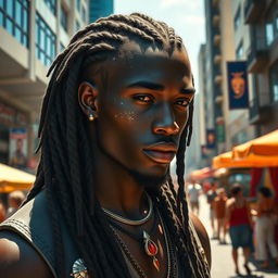 A dark-skinned aasimar male with a dusting of white freckles adorning his cheeks and nose, his long hair styled in intricate braids