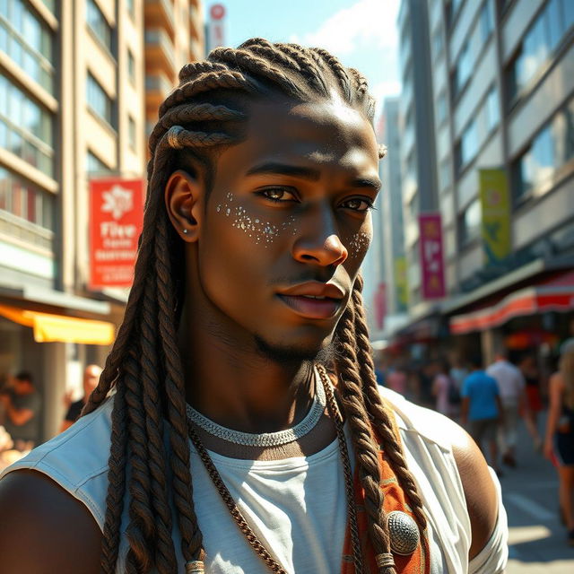 A dark-skinned aasimar male with a dusting of white freckles adorning his cheeks and nose, his long hair styled in intricate braids