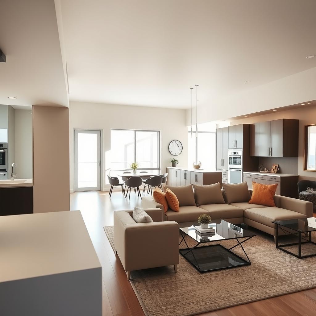 A contemporary living room with a modern design, seamlessly connected to an open kitchen with stainless steel appliances to the left and a minimalist bathroom with sleek fixtures at the corner