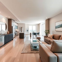 A contemporary living room with a modern design, seamlessly connected to an open kitchen with stainless steel appliances to the left and a minimalist bathroom with sleek fixtures at the corner