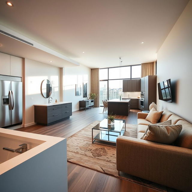 A contemporary living room with a modern design, seamlessly connected to an open kitchen with stainless steel appliances to the left and a minimalist bathroom with sleek fixtures at the corner