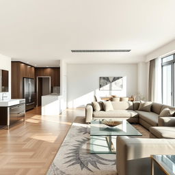 A contemporary living room with a modern design, seamlessly connected to an open kitchen with stainless steel appliances to the left and a minimalist bathroom with sleek fixtures at the corner