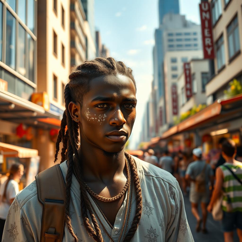 A dark-skinned aasimar male with a dusting of white freckles on his cheeks and nose, his hair elegantly styled in braids