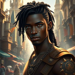 A fantasy-inspired dark-skinned aasimar male with a sprinkling of white freckles on his cheeks and nose, his hair beautifully styled in elaborate braids