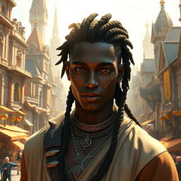 A fantasy-inspired dark-skinned aasimar male with a sprinkling of white freckles on his cheeks and nose, his hair beautifully styled in elaborate braids