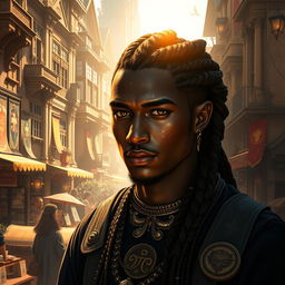 A fantasy-inspired dark-skinned aasimar male with a sprinkling of white freckles on his cheeks and nose, his hair beautifully styled in elaborate braids