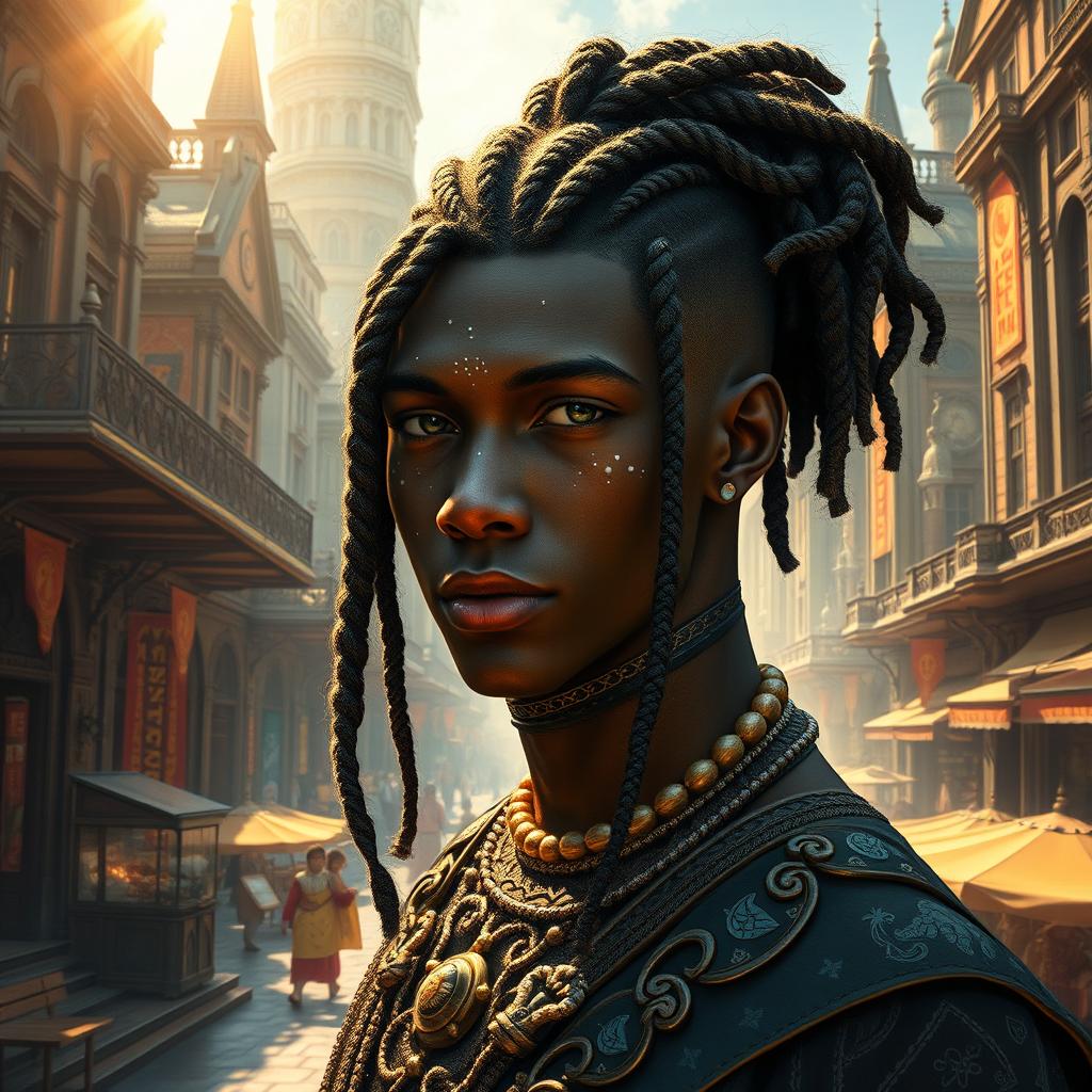 A fantasy-inspired dark-skinned aasimar male with a sprinkling of white freckles on his cheeks and nose, his hair beautifully styled in elaborate braids