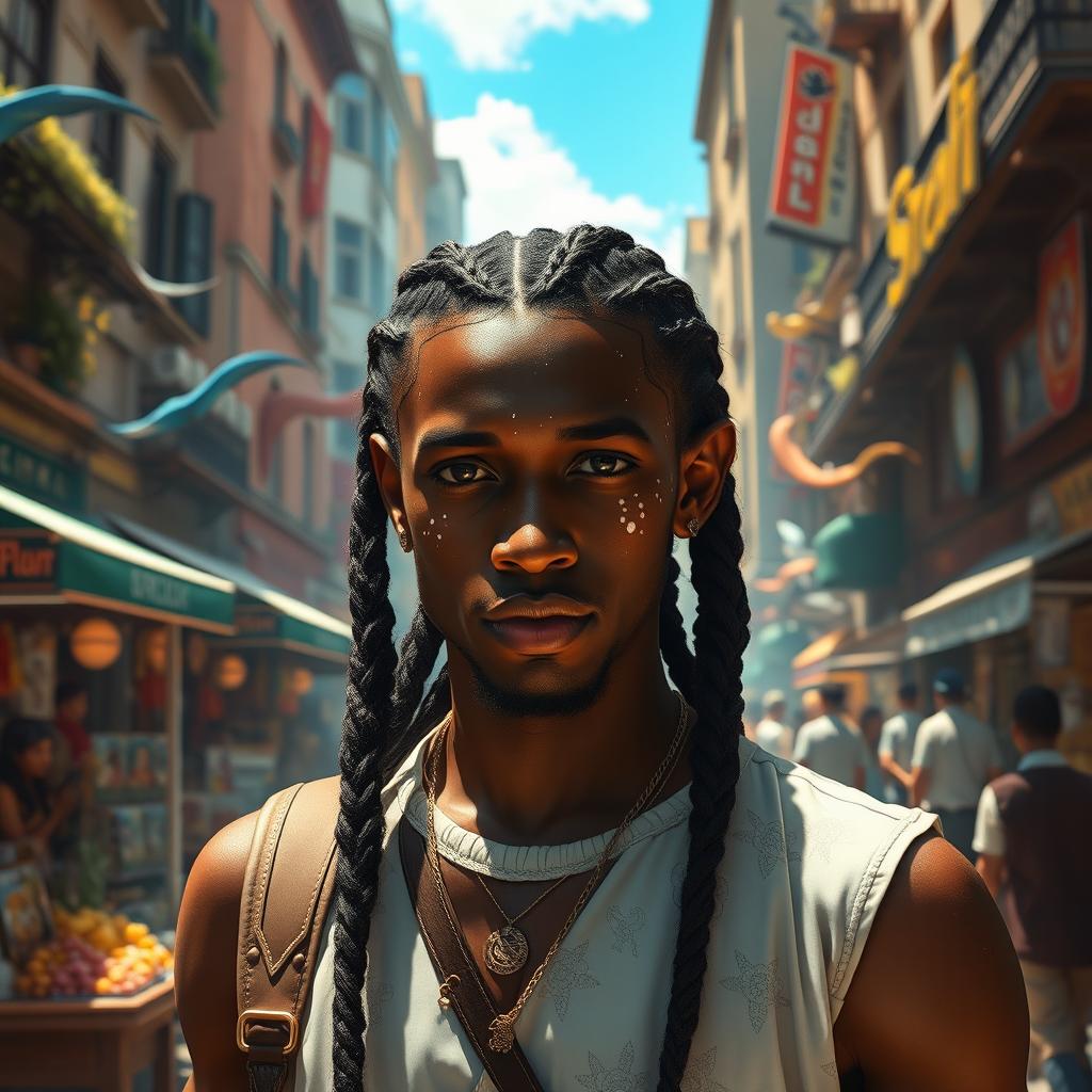 A fantasy-inspired dark-skinned aasimar male with a delicate dusting of white freckles across his cheeks and nose, his hair styled in elegant braids