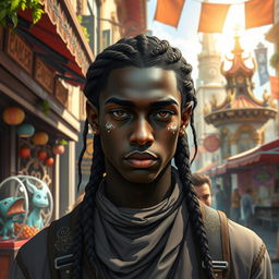 A fantasy-inspired dark-skinned aasimar male with a delicate dusting of white freckles across his cheeks and nose, his hair styled in elegant braids