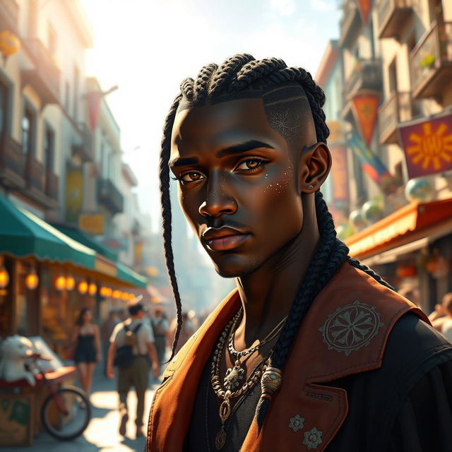 A fantasy-inspired dark-skinned aasimar male with a delicate dusting of white freckles across his cheeks and nose, his hair styled in elegant braids