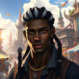 A fantasy-inspired dark-skinned aasimar male with a soft dusting of white freckles on his cheeks and nose