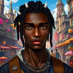 A fantasy-inspired dark-skinned aasimar male with a soft dusting of white freckles on his cheeks and nose